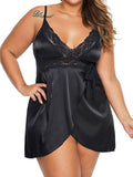 Plus Size Lingerie Dress Lace Panel Plunging Neck Bowknot Colorblock Lingerie